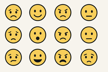 Twelve yellow emoji faces displaying diverse human emotions