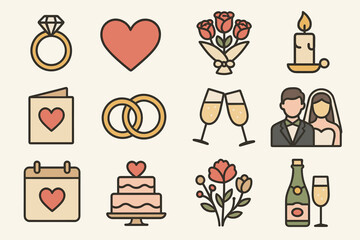 Wedding icons: rings, hearts, flowers, cake, bride, groom, champagne, calendar, candle