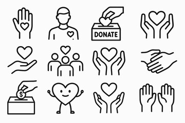 Obraz premium Charity and donation icons: hands, hearts, people, donate actions