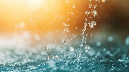 This striking image captures the beauty of water droplets splashing dynamically in a shimmering pool with warm, glowing sunlight in the background, evoking tranquility.