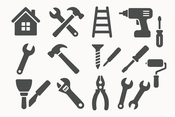 Silhouette icons of various tools for home repair and construction projects