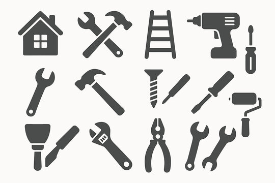 Silhouette icons of various tools for home repair and construction projects