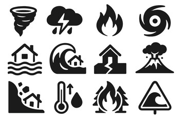 Set of natural disaster icons: tornado, tsunami, earthquake, wildfire, hurricane, volcanic eruption