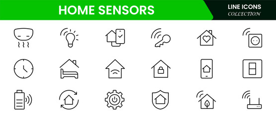 Sleek vector web line icons depicting smart home sensors, automation, security, temperature control, and connected devices for intelligent living.