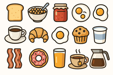 Illustrated breakfast items including eggs, coffee, toast, and cereal