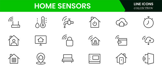 Sleek vector web line icons depicting smart home sensors, automation, security, temperature control, and connected devices for intelligent living.