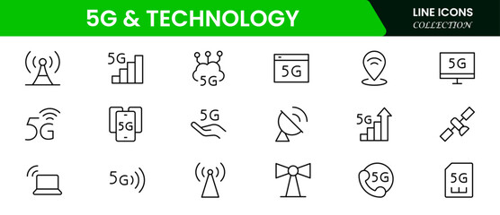 Cutting-edge vector web line icons depicting 5G, telecommunications, networks, connectivity, and advanced digital communication for seamless global interaction.
