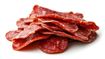 A deliciously arranged stack of thinly sliced salami garnished with spices captures the essence of culinary delight, providing a mouth-watering vision fit for any food lover.