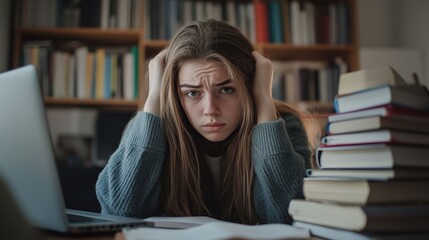 Exhausted female student holds her head, surrounded by books.