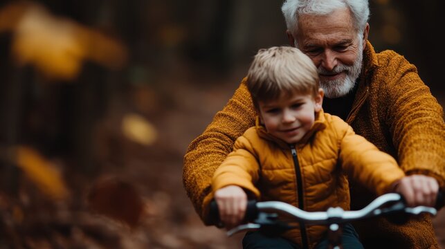 A joyful moment captured between a grandfather and his grandchild as they ride a bicycle through the autumn woods, symbolizing love, legacy, and the joy of family togetherness.