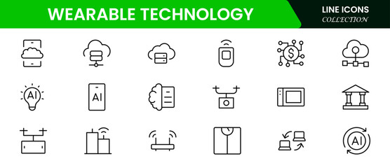 Sleek vector web line icons depicting wearable technology, smartwatches, fitness trackers, sensors, and innovative devices for connected lifestyles.