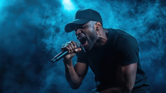 An energetic singer passionately performing into a microphone on stage, enveloped in dramatic smoke and lighting, embodying the vibrant spirit of live music and performance art.