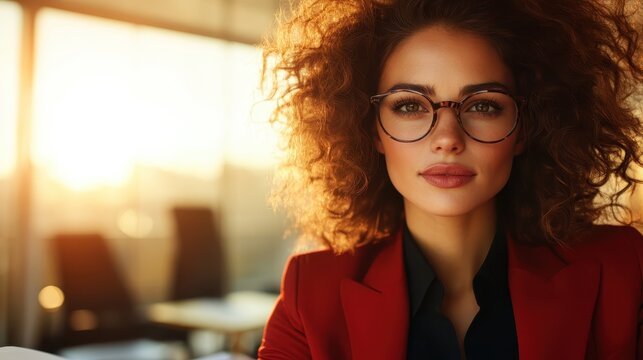 A stylish young woman poses confidently in a modern environment. Her curly hair and glasses give her a sophisticated and assertive look against a warm sunset backdrop.
