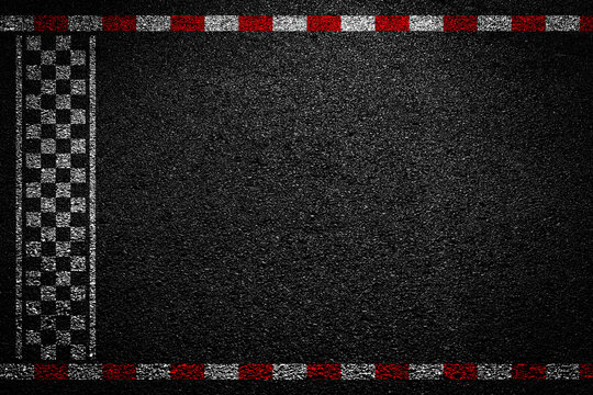 Finish line. Asphalt road racing texture background. Top view. Formula one finishing concept. First place.