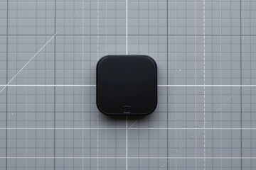 Minimalist Device on Grid: A top-down, close-up shot of a sleek, black, square-shaped device resting on a muted gray grid, showcasing modern design and simplicity. 