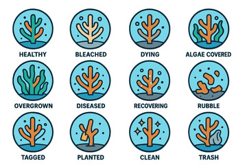 Coral health and environmental impact icons depicting various states and conditions