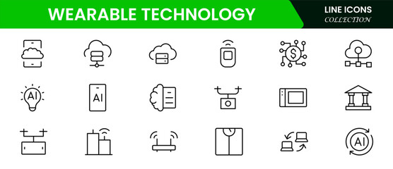 Sleek vector web line icons depicting wearable technology, smartwatches, fitness trackers, sensors, and innovative devices for connected lifestyles.