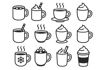 Obraz premium Variety of hot beverage icons with cups and mugs in different designs