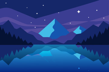 Serene Night Landscape Mountains, Lake, and Starry Sky Illustration