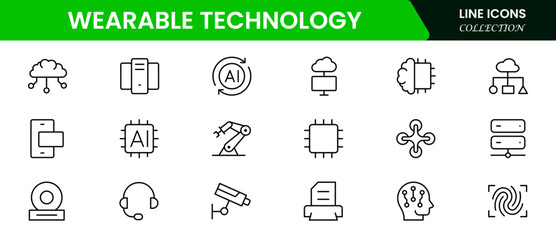 Sleek vector web line icons depicting wearable technology, smartwatches, fitness trackers, sensors, and innovative devices for connected lifestyles.