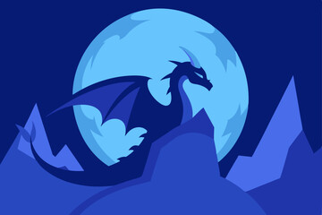 Naklejka premium Majestic Dragon Silhouette Against a Blue Moon Fantasy Art Illustration