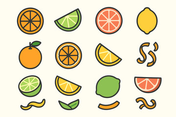 Colorful citrus fruit illustrations with oranges, lemons, limes, and grapefruits