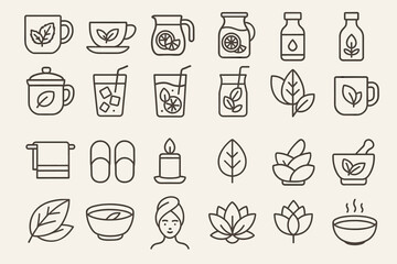 Minimalist icons of tea, leaves, and wellness items in line art style