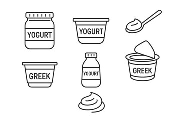 Various yogurt containers and spoon with greek yogurt and spoonful