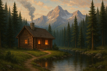 Fototapeta premium Serene Rustic Log Cabin Retreat Amidst Mountain Landscape Scenery