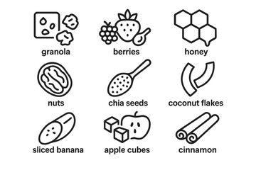 Healthy breakfast ingredients: granola, berries, honey, nuts, chia seeds, coconut flakes