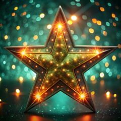 Bright golden Christmas stars sparkle on a festive holiday background, featuring a subtle pattern of red and yellow stripes