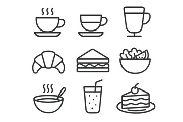 Monochrome food icons: coffee, croissant, sandwich, salad, soup, beverage, cake