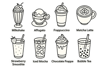 Icon set of popular frozen drinks: milkshake, affogato, frappuccino, and others
