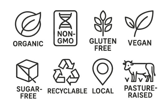 Organic and eco-friendly icons: non-gmo, gluten-free, vegan, sugar-free, recyclable, local, pasture-raised