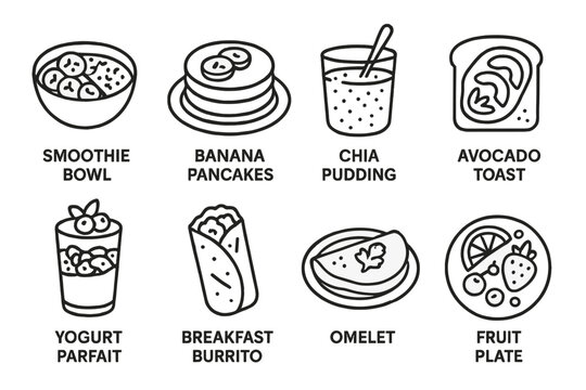 Illustrated breakfast menu featuring smoothie bowl, chia pudding, and more delightful options