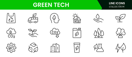 Eco-conscious vector web line icons depicting green tech, sustainability, renewable energy, recycling, and innovative solutions for environmental preservation.