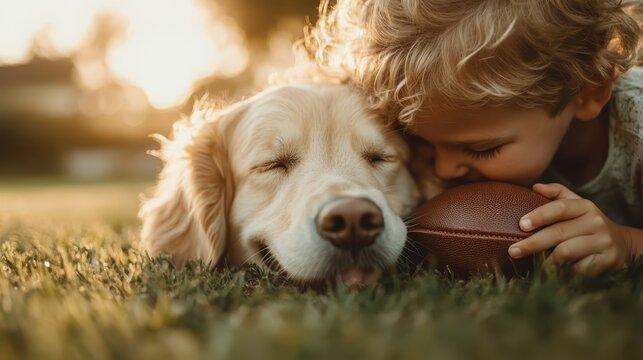 A heartwarming scene of a young child cuddling with a golden retriever, showcasing their bond and the joy of companionship in a sunny, grassy setting filled with warmth and love.