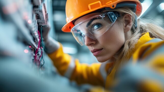 A focused female engineer engrossed in her work with electrical equipment, highlighting the role of women in STEM fields and the pursuit of innovation and technology advancement.