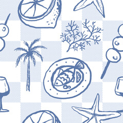 Sea food vacation seamless checkered pattern. Wine, fish, palm tree and corals hand drawn illustration. Design for textile, paper wrap restaurant and menu