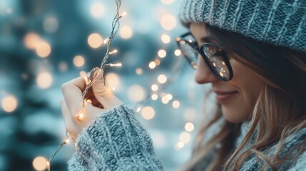 A joyful woman enraptured in the moment as she holds a string of fairy lights, embodying warmth, light, and festive spirit during a cozy winter evening.