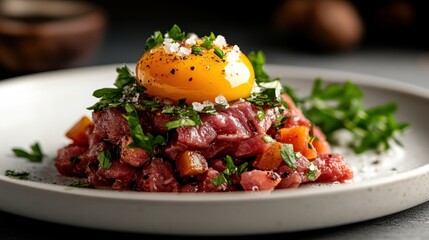 A beautifully presented plate of tartare, featuring vibrant ingredients like parsley and egg yolk, showcasing culinary artistry and the allure of fine dining experiences.