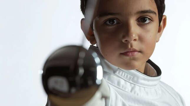 Serious Young Fencer Holding Epee &ndash; Studio Portrait with White Uniform and Steady Gaze