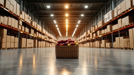 A wicker basket filled with fresh red and green apples stands out on the polished warehouse floor, surrounded by shelves of neatly stacked boxes in the background.
