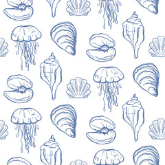 Vector seashells and sea animals seamless pattern. Sea shell icons in blue on white. Sea life background.