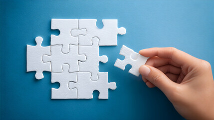 Hand Placing Final Puzzle Piece on a Blue Surface with White Puzzle Pieces