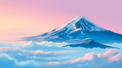 mountain fuji in winter,Modern fantasy mountain artwork with pastel sky and negative space—ideal for overlay design, meditation brands, book illustration, or mobile backgrounds
