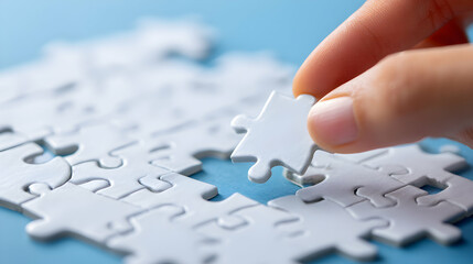 Hand Placing White Puzzle Piece Into Jigsaw Puzzle on Blue Background