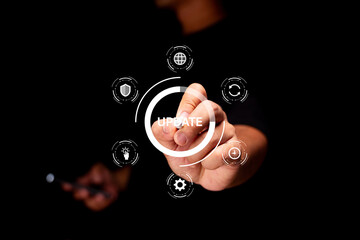 A person interacts with a digital interface, pressing an 