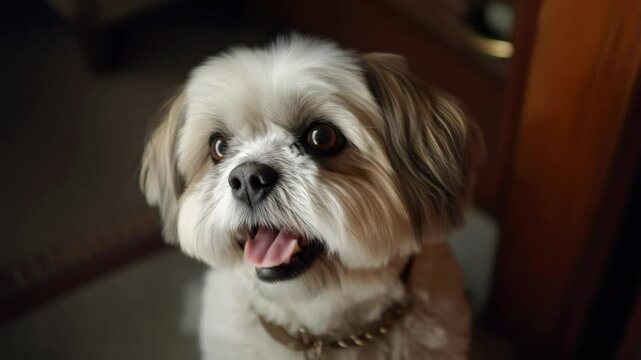 Adorable shih tzu joyously playing indoors with lively expressions