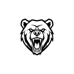 Black and White Angry Bear Head Emblem in Line Art Style - Vector Illustration